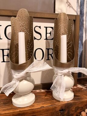 Primitive White Turned Base and Antique Brass Painted Candle Holders (Set of 2)